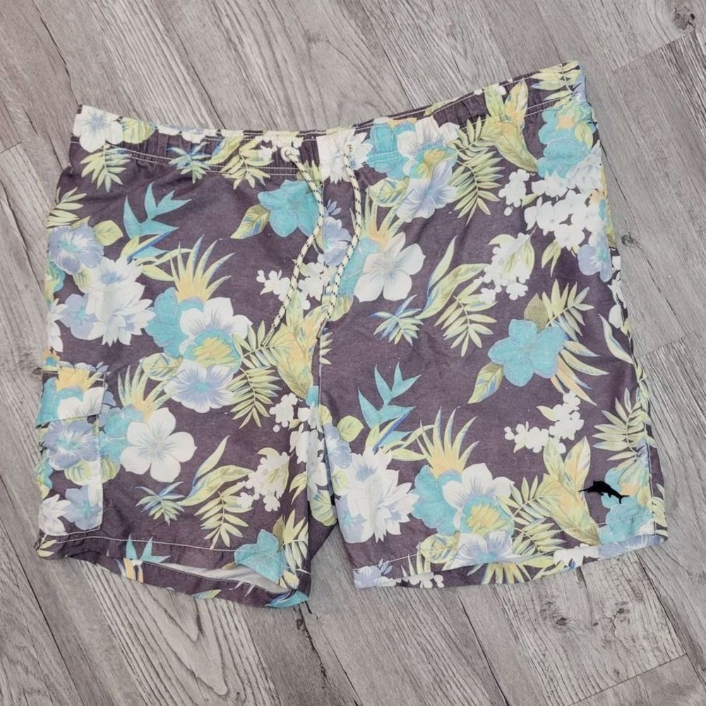 Tommy Bahama Swim Trunks Large Gray Blue‎ Floral Tropical Beach Vacation